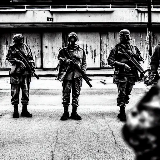 Prompt: realistic ominous soldiers in street, brutalist, cinematic, atmospheric lighting, old photograph, gunfire, muted colors, black white red, bones, banners, directed by villeneuve