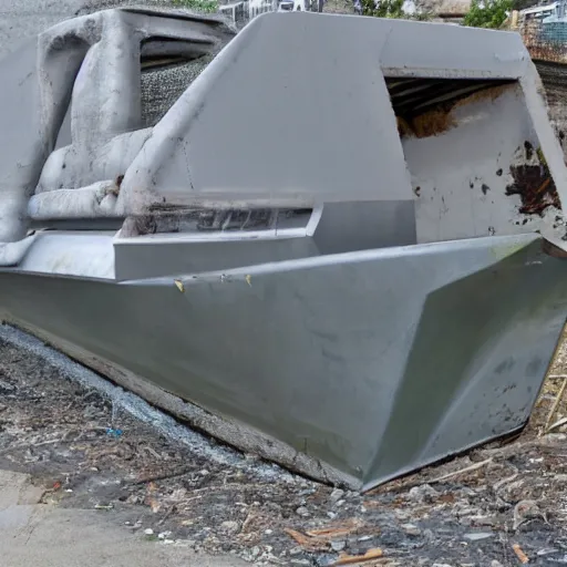 Prompt: dry dock concrete clamshell grill garbage can on an abandoned shiny angular motorboat hull, liquefied