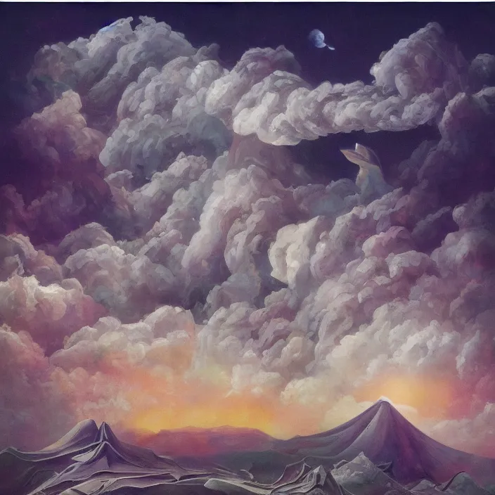 Prompt: temple of sleep non-Euclidean geometry sleepwalker mythos dream clouds and lambent fog, award winning oil painting, polychromatic spectrum