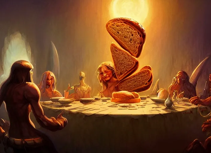 Image similar to a giant magical piece of toast at the head of the dinner table, all the dinner guests looking toward the toast, by marco bucci and frank frazetta, magic : the gathering fantasy concept art, high resolution, fantasy coloring, intricate, digital painting, artstation, smooth, sharp focus