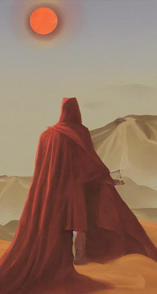 Image similar to big red moon in the desert. ruins of the ancient city. a man in a cloak with a hood and a staff looks into the distance from the dune, visual novel, oil painting