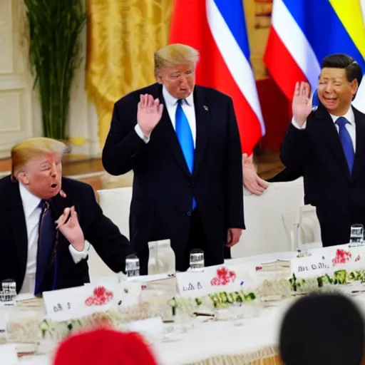 Prompt: xi jingping, putin and trump holding hands at an international peace conference, celebrating for world peace, in the background a dove is seen carrying and olive branch while people clap and applaud them.