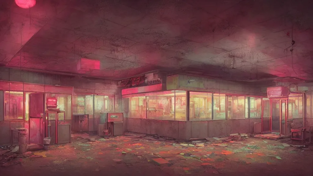 Prompt: the inside of an abandoned retro diner at night, by lee madgwick and bastien lecouffe - deharme, pink and orange neon lights, highly detailed interior, artstation trending, cryenging 8 k uhd