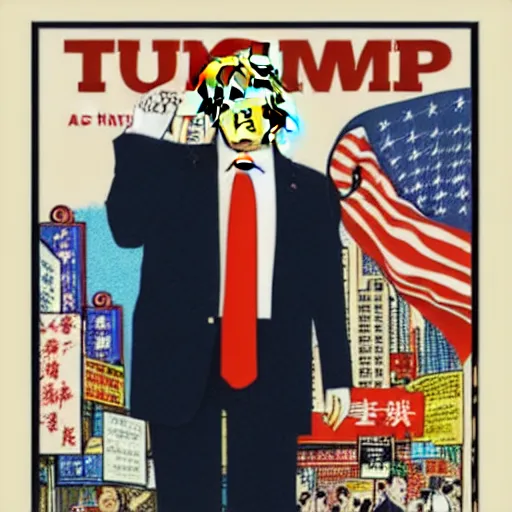 Image similar to glossy old advertising poster, donald trump walking through crowded hong kong street, vendors, drawn comic by junji ito, pastels, gradient