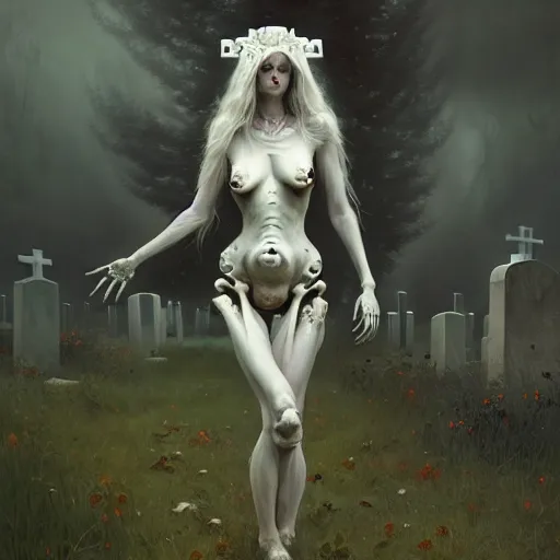 Prompt: bone goddess, beautiful girl, full body, bone throne, in a cemetary, realistic, serov, surikov, vasnetsov, repin, kramskoi, insanely detailed, charlie bowater, tom bagshaw, high resolution, octane rendered, unreal engine, illustration, trending on artstation, masterpiece, 8 k