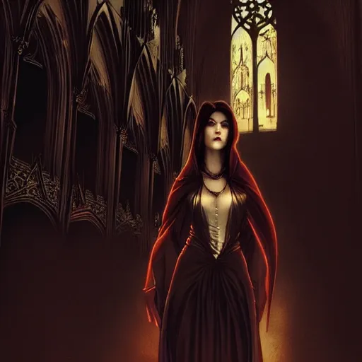 Prompt: a photo of mary elizabeth winstead as a vampire in a gothic cathedral at night, gloomy, horror, by artgerm and alphonse mucha and ross tran and greg rutkowski.