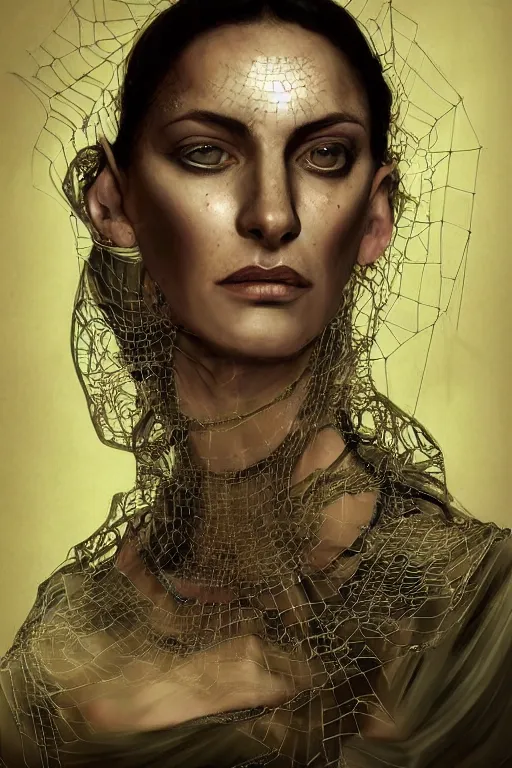 Image similar to portrait, headshot, digital painting, of a 17th century, beautiful, middle aged, middle eastern, wrinkles, decadent, cyborg noble woman, dark hair, piercings, spiderweb of network cables for hair, amber jewels, baroque, ornate dark green opulent clothing, scifi, futuristic, realistic, hyperdetailed, concept art, chiaroscuro, rimlight, art by syd mead