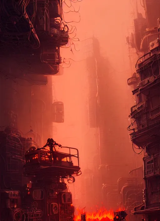 Image similar to highly detailed portrait of wasteland punk long curly fire hair tribal lady, stray wiring by atey ghailan, james gilleard, by joe fenton, by greg rutkowski, by greg tocchini, by kaethe butcher, 4 k resolution, gradient red, orange, black and white color scheme!!! ( ( flaming robotic dystopian city spiral background ) )