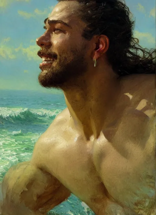 Image similar to detailed cinematic wide shot of muscular attractive young mulatto man beard slim face symmetrical face tanskin green eyes shaved hair wearing sea clothes, ultra realistic, spring light, painting by gaston bussiere, craig mullins, j. c. leyendecker