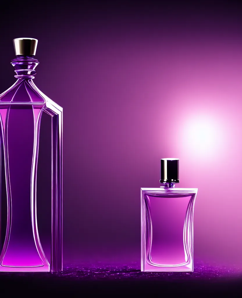 Image similar to close up shot of one premium perfume bottle containing purple liquid, the bottle is placed on a table, the bottle is in the middle of the scene, dust in the background, cinematic lighting!, spotlight, ultra detail, commercial, designer product, cinematic lighting, hd artstation, symmetrical, rendered, 4k