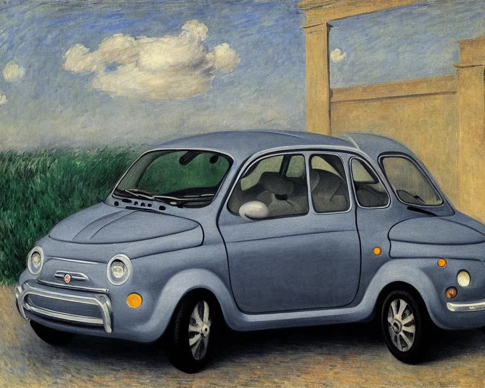 Prompt: achingly beautiful painting of a grey 2 0 1 3 fiat 5 0 0 abarth by rene magritte, monet, and turner.