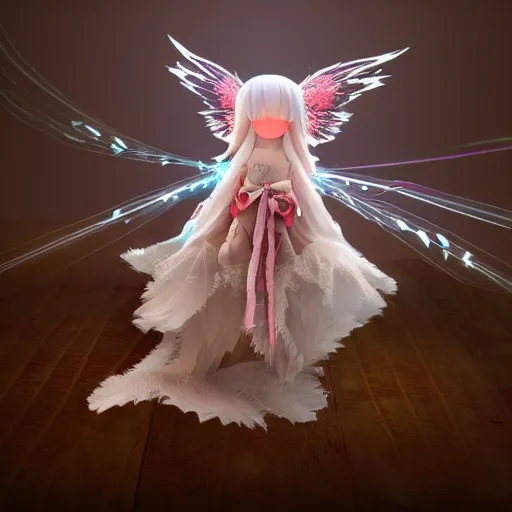 Image similar to cute fumo plush of a divine angel, gothic maiden, ribbons and flowers, ruffled wings, feathers raining, particle simulation, clouds, vray, outline glow lens flare burning sun