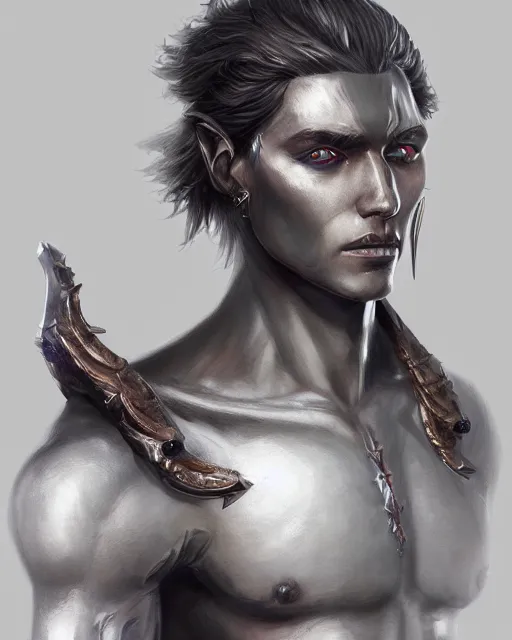 Image similar to a handsome young male dark elf, obsidian skin, fantasy, intricate, elegant, highly detailed, digital painting, artstation, concept art, sharp focus, illustration