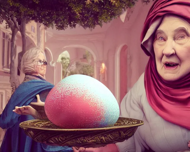 Prompt: of a very beautiful scene. a sweet fat old woman is in love with a huge, colorful and beautiful egg. hyper realistic. 4 k. wide angle. in the baroque style. wild. symmetrical face, red mouth, blue eyes. deep focus, lovely scene. processing block environment. concept art. unreal engine.