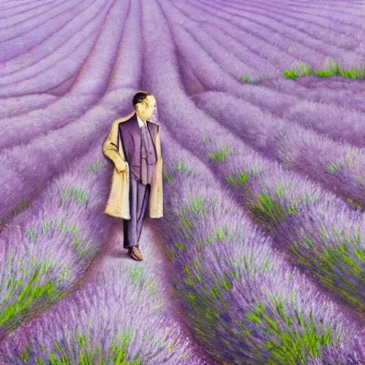 Prompt: albert camus in a lavender field, subtle, intricate details, real masterpiece, oil on canvas