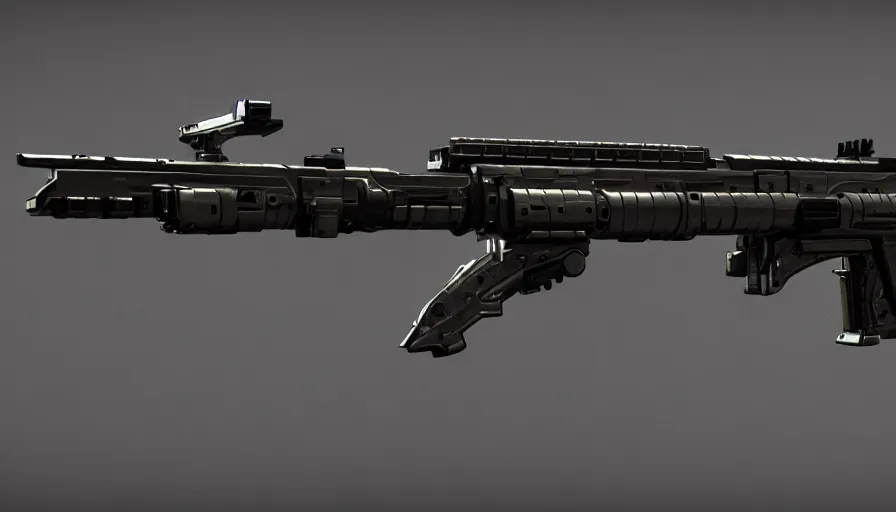 Prompt: extremely detailed realistic side view of a sci fi rifle, detailed trigger, chemically propelled, railgun, chemrail, gauss rifle, bullpup, with tubes and wiring, massive tank, sleek utopian design, caseless ammunition, ultra quality, realistic, octane render, call of duty, warframe