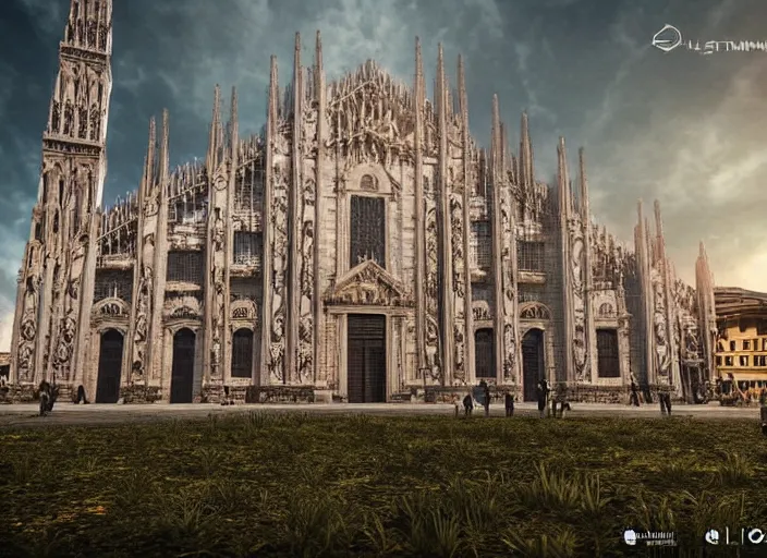 Image similar to duomo di milano post apocalyptic, vegetation, ultra realistic, insane details, cinematic, epic composition, unreal engine, octane render