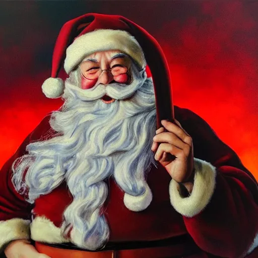 Image similar to an ultra - realistic portrait painting of santa claus holding a snowglobe in the style of frank frazetta. 4 k. ultra - realistic. highly detailed. dark fantasy. epic lighting.