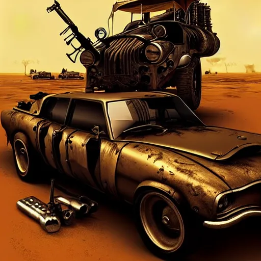 Prompt: madmax gangster vintage car supercharger and guns, artstation, fantasy