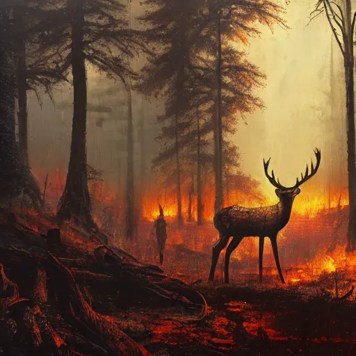 Image similar to a forest in a extreme fallout, with radioactive rain and flames everywhere, a deer is in the middle of the scenery by greg rutkowski, 4 k, realistic oil painting