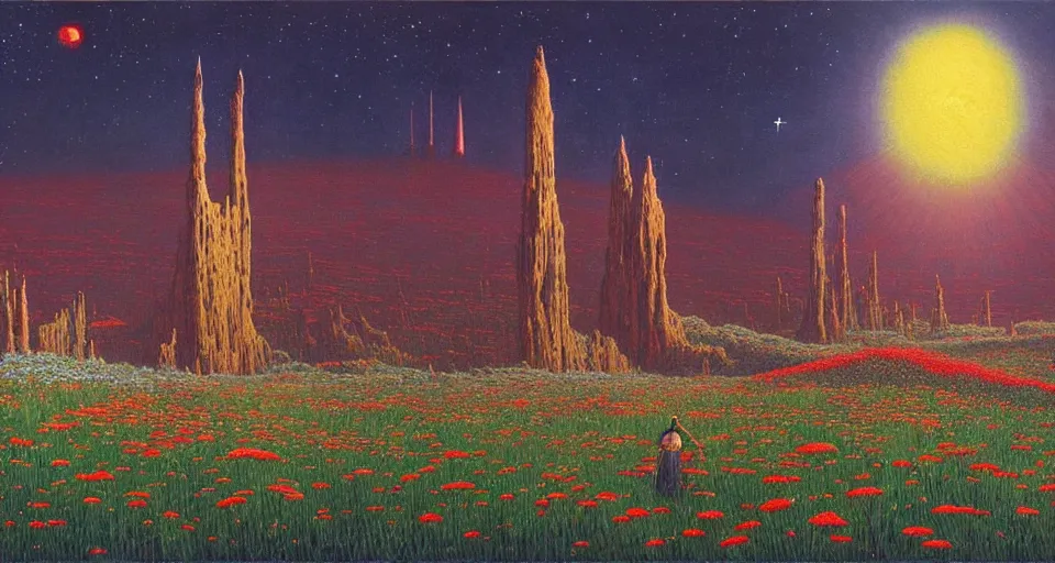 Prompt: a beautiful painting of a large walking castle in a field of flowers by moebius, underneath a star filled night sky, harold newton, zdzislaw beksinski, donato giancola, warm coloured, gigantic pillars and flowers, maschinen krieger, beeple, star trek, star wars, ilm, atmospheric perspective