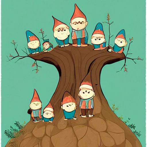 Image similar to a family of gnomes living inside a hollow in a tree, illustration by kerascoet, dynamic lighting