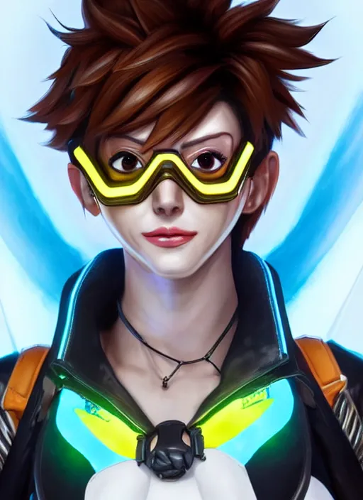 Image similar to portrait bust digital artwork of tracer overwatch, wearing white iridescent rainbow latex and leather straps catsuit outfit, 4 k, expressive happy smug expression, makeup, in style of mark arian, angel wings, wearing detailed black leather collar collar collar collar, chains, black leather harness, detailed face and eyes,