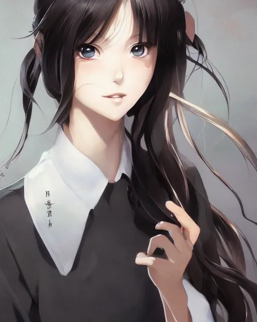 Image similar to An anime portrait of a beautiful girl with long black hair wearing a white blouse, by Stanley Artgerm Lau, WLOP, Rossdraws, James Jean, Andrei Riabovitchev, Marc Simonetti, and Sakimichan, tranding on artstation