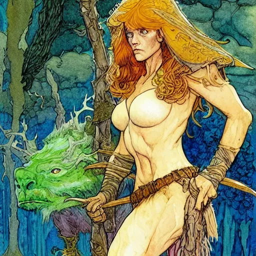 Image similar to a realistic and atmospheric watercolour fantasy character concept art upper body image of a young jane fonda in her 2 0 s posing as a druidic warrior wizard looking at the camera with an intelligent gaze by rebecca guay, michael kaluta, charles vess and jean moebius giraud