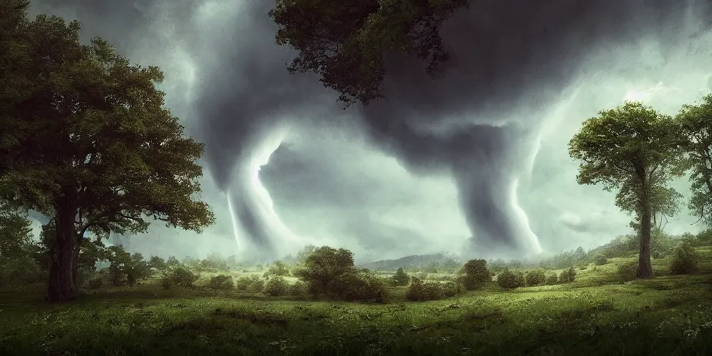 Image similar to A tornado in a beautiful scenic landscape, nature, trees, wide angle, super highly detailed, professional digital painting, artstation, concept art, smooth, sharp focus, no blur, no dof, extreme illustration, Unreal Engine 5, Photorealism, HD quality, 8k resolution, cinema 4d, 3D, beautiful, cinematic, art by artgerm and greg rutkowski and alphonse mucha and loish and WLOP