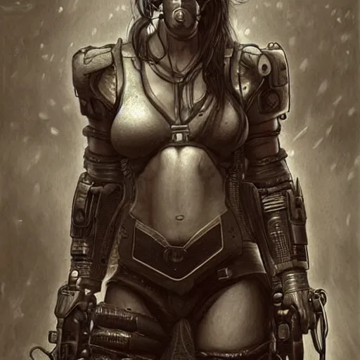 Image similar to a hyperrealistic portrait painting of a beautiful female cyberpunk warrior, by john kenn mortensen, highly detailed,