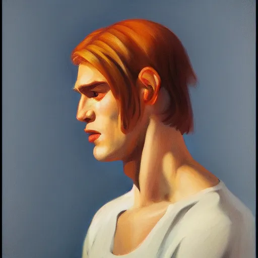 Prompt: a realistic portrait of a blonde man, chiseled jawline, big lips, long hair, vibrant color, 1 2 0 0 bc, edward hopper, trending on artstation