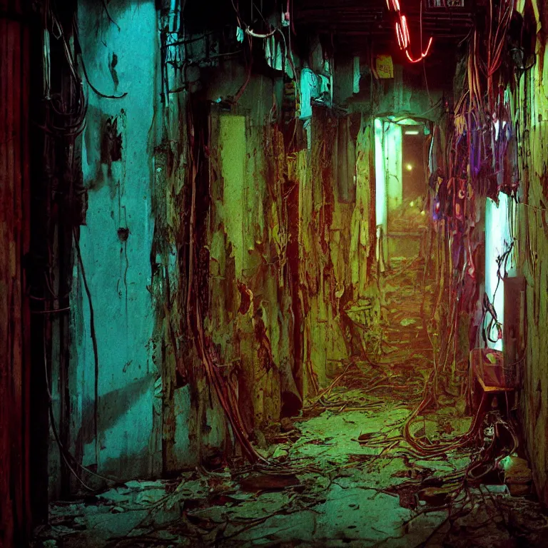 Prompt: dark decaying hallway with wet walls in cyberpunk slums, 1980s Computers scattered around, wires and rebar hanging from ceiling and walls, obscured hooded person walking, neon colored fluorescent lighting, neon colored haze, vibrant colors, high detail, in the style of street photography, film grain,