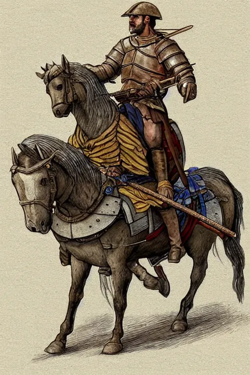 Image similar to ( ( ( ( ( ( ( a knight riding a horse with wagon wheels ) ) ) ) ) ) ) by chris mcgrath and greg rutowski and wlop!!!!!!!!!!!!!! muted colors, detailed