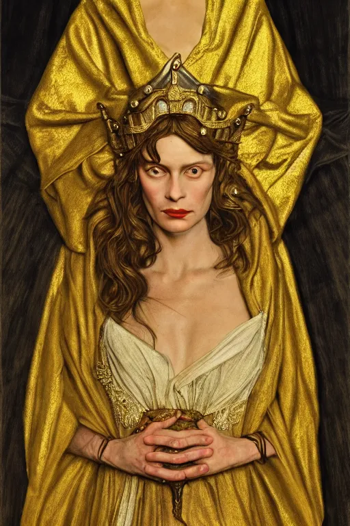 Image similar to Portrait of historically accurate, ancient biblical, sultry, sneering, evil, pagan, wicked, queen jezebel, wearing gilded robes, long hair, intricate, elegant, highly detailed, masterpiece, illustration, art by Andrew Wyeth, highly detailed, trending on artstation, award winning