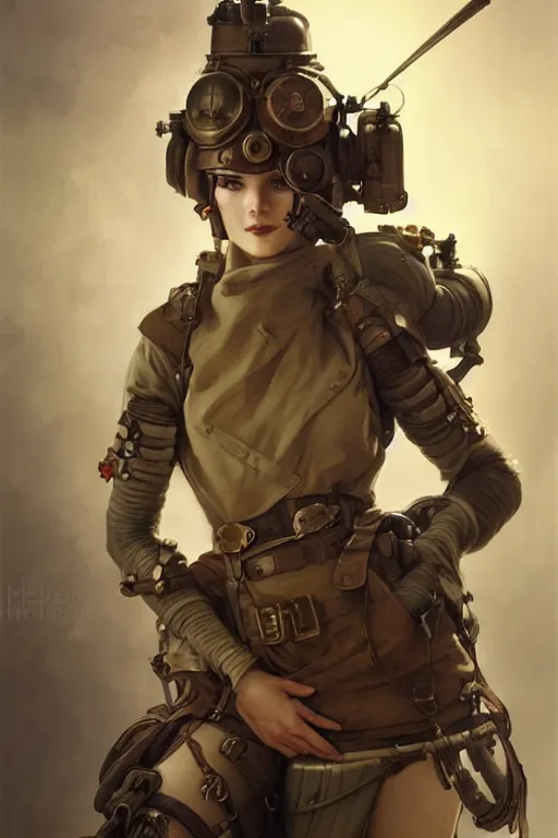 Prompt: dieselpunk soldier girl, helmet, shoulders, chest, portrait, armored, highly detailed, sharp focus, art, illustrations by wlop and alfons maria mucha and irakli nadar and loish and rossdraws