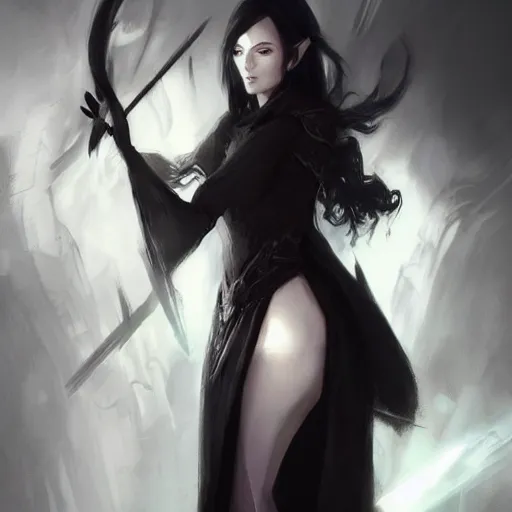 Prompt: a female shadowy elf in dark robes, black dress, wavy black bob hair bangs, dnd character art portrait, by ruan jia
