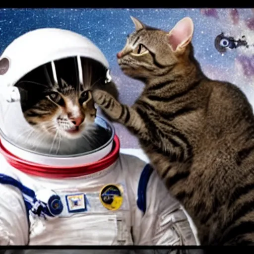 Image similar to a cat astronaut : 5 0 in space looking at the moon : 1 0 0