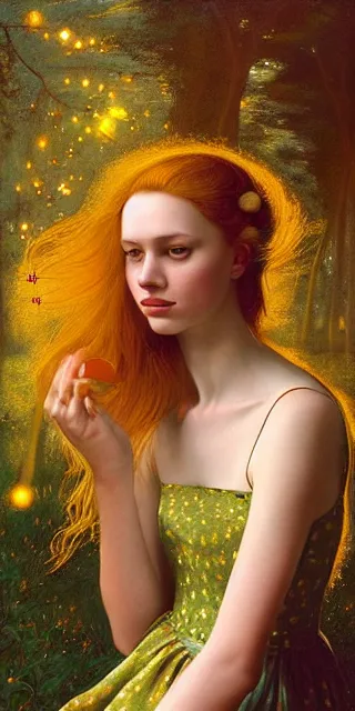 Image similar to a totally enchanted young woman surrounded by golden firefly lights in a mesmerizing scene, sitting amidst nature fully covered, intricate detailed dress, long loose red hair, precise linework, accurate green eyes, small nose with freckles, smooth oval head, expressive emotions, hyper realistic ultrafine portrait by artemisia gentileschi, jessica rossier, artgerm