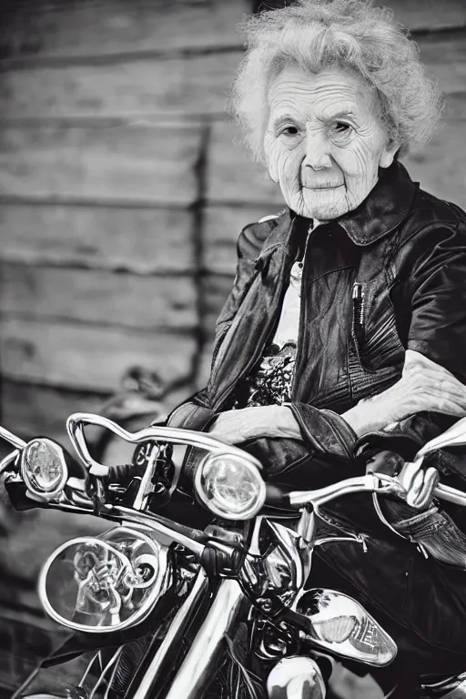 Prompt: a beautiful portrait photo of old grandmother riding on a Harley Davidson bike, cinematic masterpiece