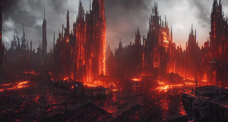 Image similar to a cyberpunk medieval gothic dark-ages city, rich contrast, fivr lava-twisters, feeling of grimdark and gothic horror, explosions and fire, hyperrealistic, octane render, unreal engine, Cryengine 8k UHD