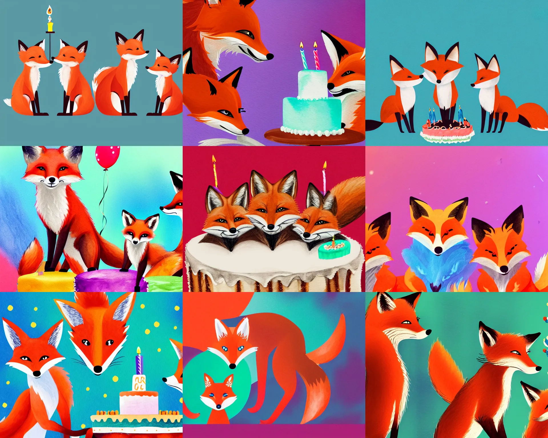 Prompt: 3 foxes of different color celebrating a birthday party with cake and decoration,rich aquarel, dynamic lighting, intricate detail, fur visible, cinematic, nature background, blender, my reddition, 2021