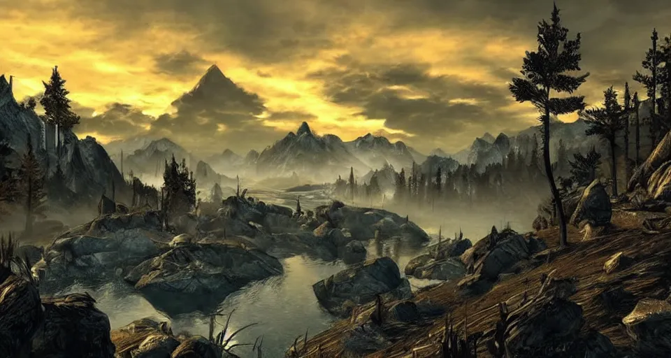 Prompt: skyrim landscape in the art style of grand theft auto five cover art digital artwork cell shaded sunset