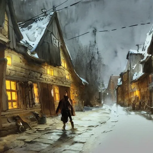 Prompt: watercolor painting of rustic village street, mud, scandinavian mythology, ambient lighting and shadows, art by hans dahl, by jesper ejsing, art by anders zorn, wonderful masterpiece by greg rutkowski, cinematic light, american romanticism by greg manchess, creation by tyler edlin