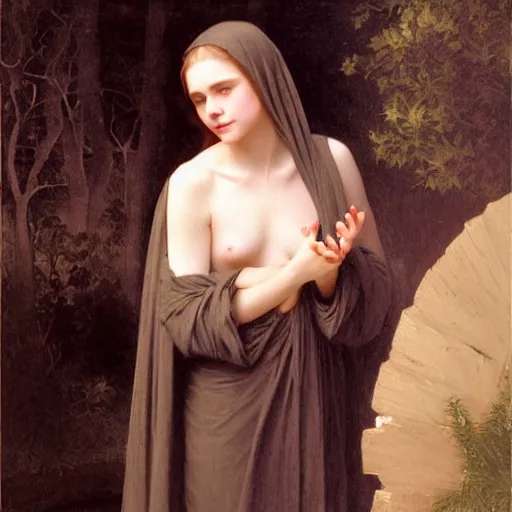 Prompt: Elle Fanning in a black cultist robe by the fire. Art by william adolphe bouguereau. Extremely detailed. Beautiful. 4K. Award winning.