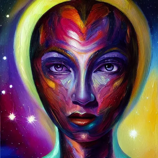 Image similar to a beautiful Pleiadian human-alien hybrid woman, oil painting, featured on artstation