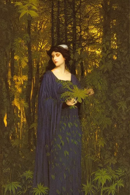 Prompt: portrait of the queen of night in a forest clearing at twilight| richly embroidered velvet| lush foliage | dramatic lighting | Maxfield Parrish and John Waterhouse