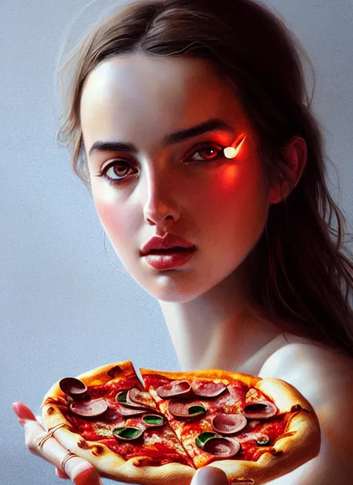 Prompt: portrait of ana de armas eating pizza, intricate, elegant, glowing lights, highly detailed, digital painting, artstation, concept art, smooth, sharp focus, illustration, art by wlop, mars ravelo and greg rutkowski