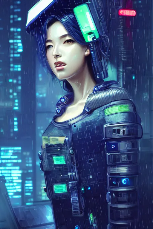 Image similar to portrait futuristic beautiful cyberpunk female police, in heavy rainning futuristic tokyo rooftop cyberpunk night, ssci-fi, fantasy, intricate, very very beautiful, elegant, neon light, highly detailed, digital painting, artstation, concept art, soft light, hdri, smooth, sharp focus, illustration, art by tian zi and craig mullins and WLOP and alphonse mucha