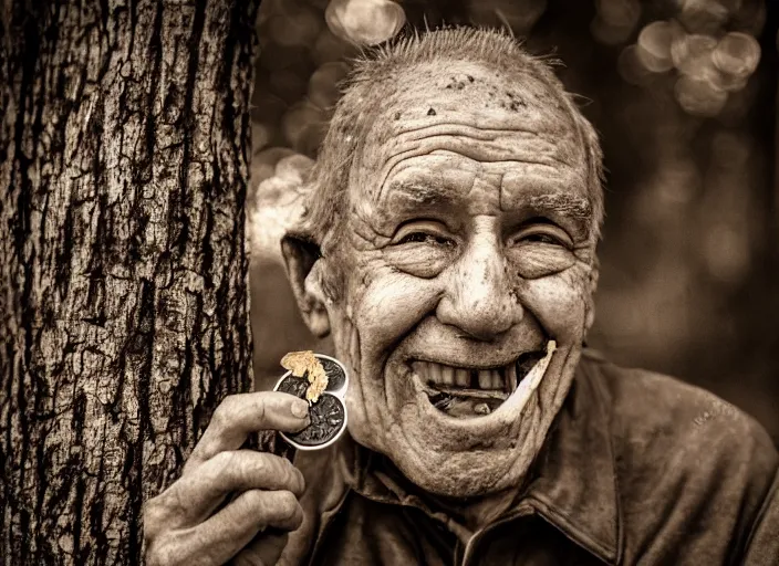 Image similar to old retro burnt out sepia photograph with scratches of an old and wrinkled man biting into a golden coin with his teeth. magical forest in the background with bokeh. Antique. High quality 8k. Intricate. Sony a7r iv 35mm. Award winning.